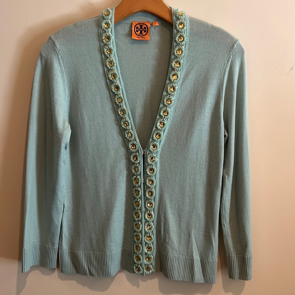 Tory Burch wool Embellished Top aqua Small Cardigan